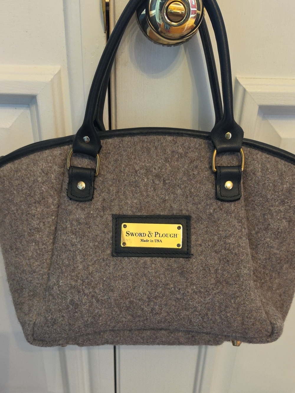 Sword & Plough Gray Wool Satchel with Black Leather Trim - Size L
